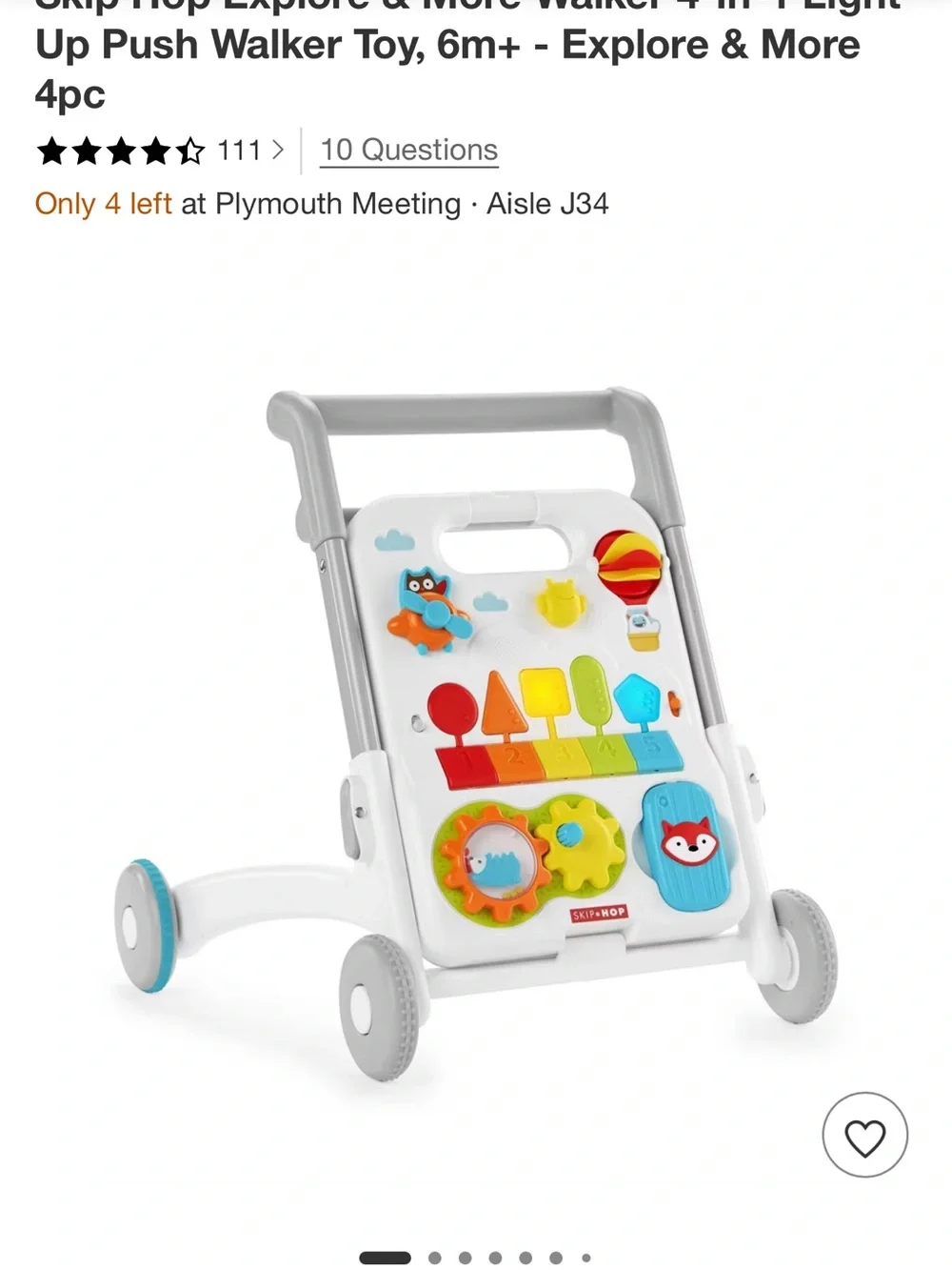 Skip Hop Explore & More Walker 4-in-1 Light Up Push Walker Toy, 6m+